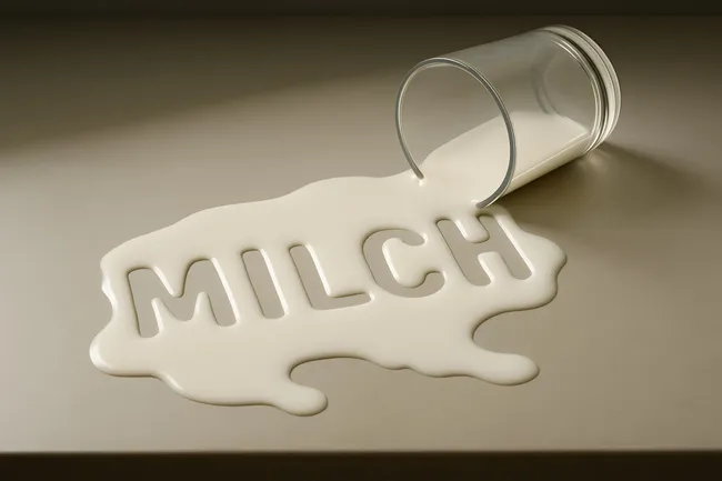 Verschüttete Milch auf Tisch mit Schriftzug