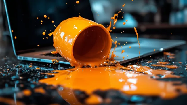 Verschüttete Tasse verschüttet Getränk auf Laptop