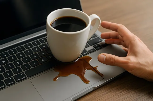 Verschütteter Kaffee auf Laptop-Tastatur im Büroarbeitsplatz
