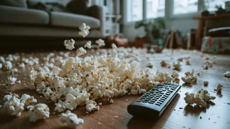 Verschüttetes Popcorn mit Fernbedienung auf Holzboden