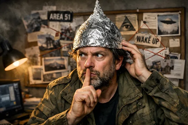 Verschwörungstheoretiker mit Alufolienhut vor Wand mit Warnsymbolen