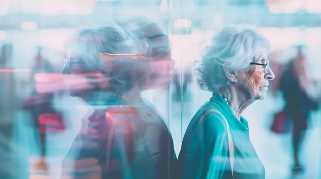 Verschwommene ältere Frau im modernen Stadtbild