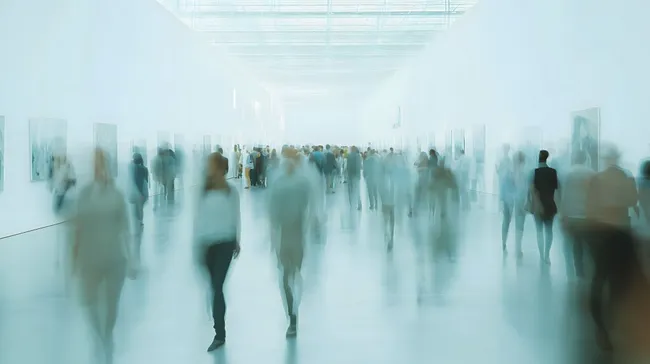 Verschwommene Menschen in moderner Ausstellungshalle