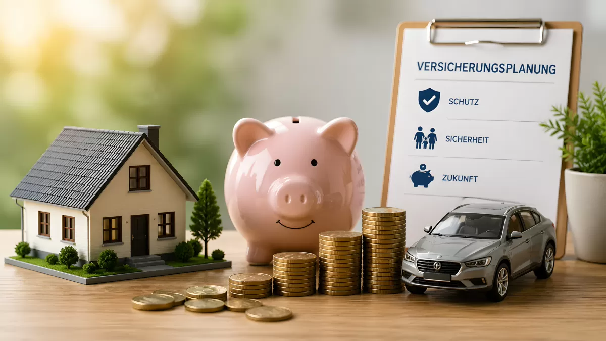 Versicherungsplanung mit Haus, Auto und Sparschwein