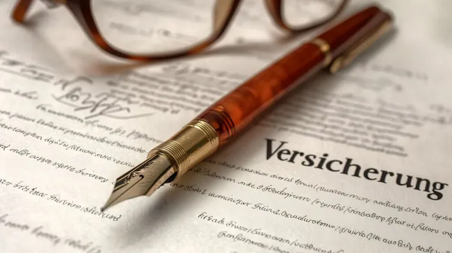 Versicherungsvertrag mit elegantem Füllhalter und Brille