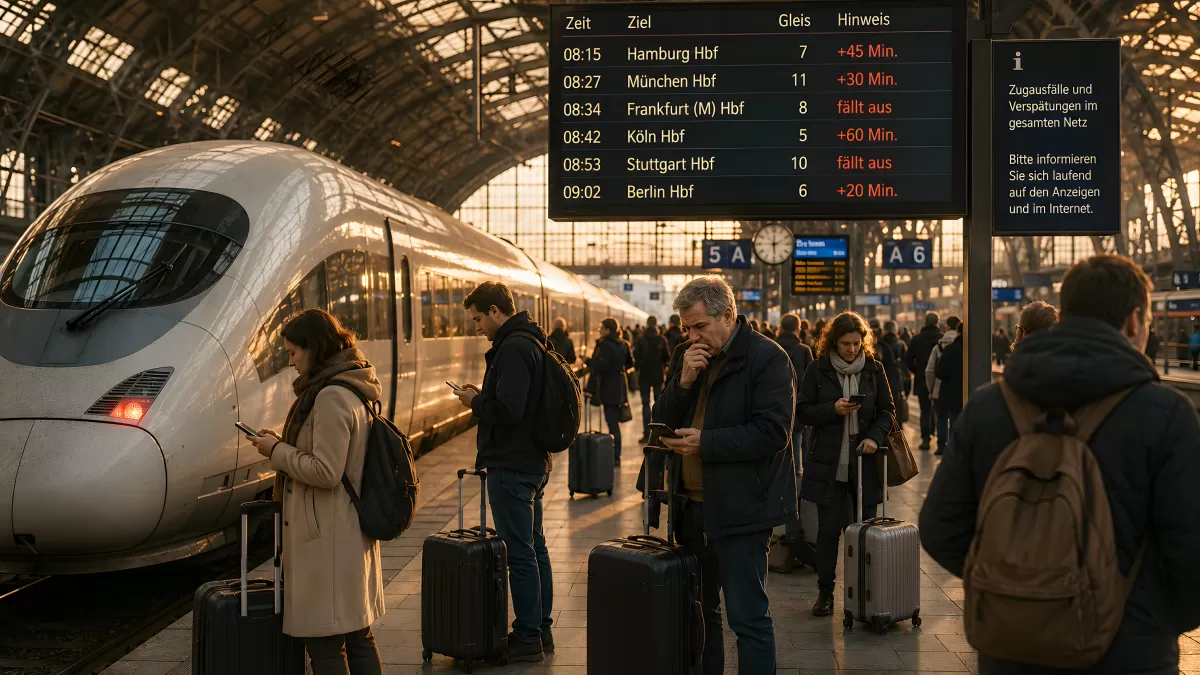 Verspätete Züge am Bahnhof – Reisende warten auf dem Gleis