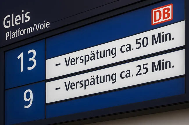 Verspätungsanzeige der Deutschen Bahn auf Gleis 13 und 9