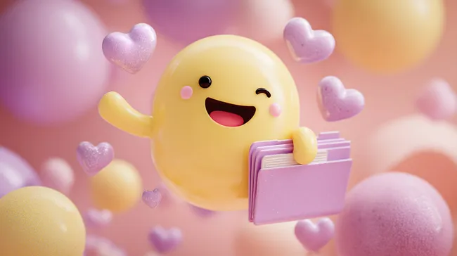 Verspielte Emoji-Figur mit Ordner schwebt über Herzen
