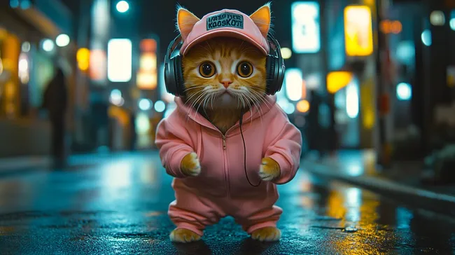 Verspielte Katze mit Kopfhörern in urbaner Umgebung