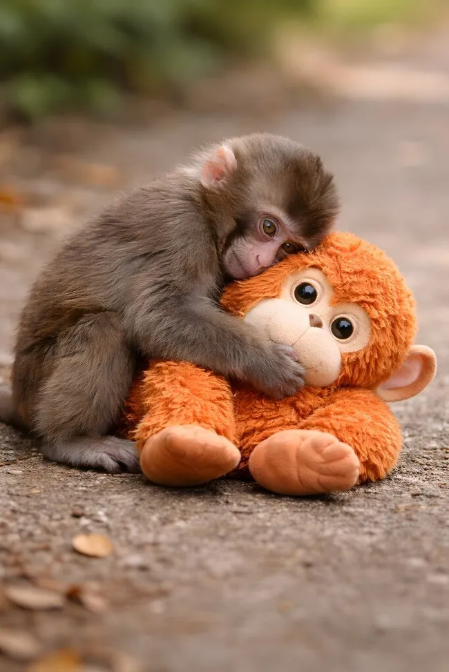 Verspielter Affe umarmt Plüschtier in naturnaher Umgebung