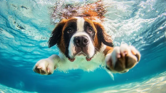 Verspielter Bernhardiner taucht im klaren Wasser