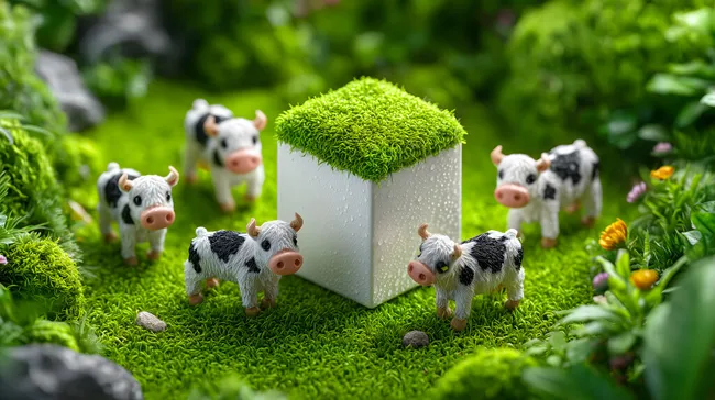 Verspielter Garten mit niedlichen Mini-Kühen