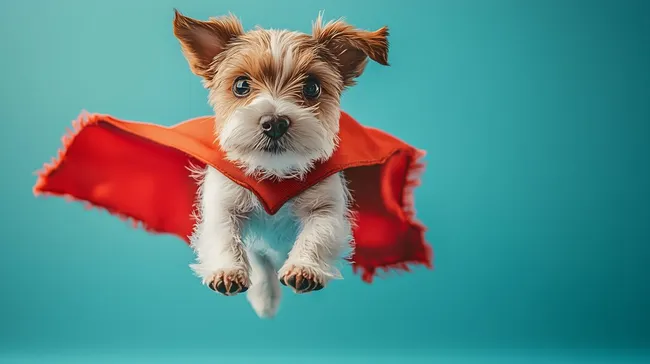 Verspielter Hund in superheldischem Cape