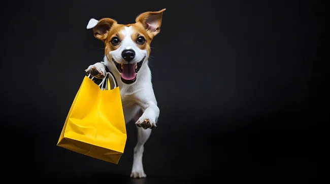 Verspielter Hund mit gelber Einkaufstasche im Maul