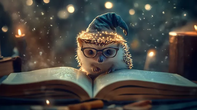 Verspielter Igel in Zauberhut liest Märchenbuch