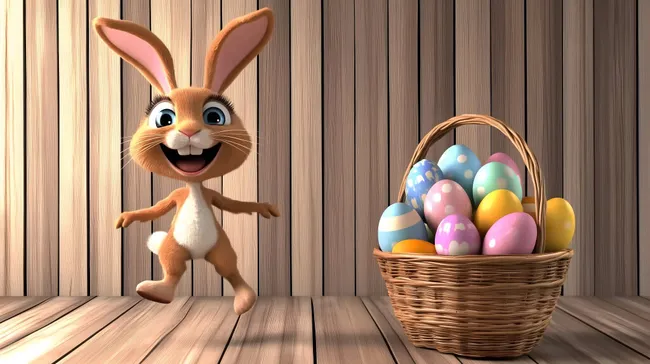 Verspielter Osterhase mit Ostereikorb vor Holzhintergrund