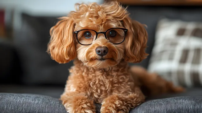 Verspielter Pudelhund mit Brille auf Sofa