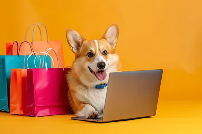 Verspielter Welpe beim Online-Shopping auf Laptop