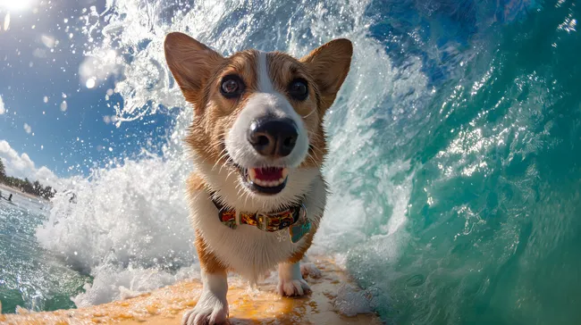 Verspielter Welpe beim Surfen auf Welle