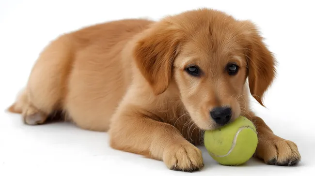 Verspielter Welpe mit Tennisball auf weißem Hintergrund