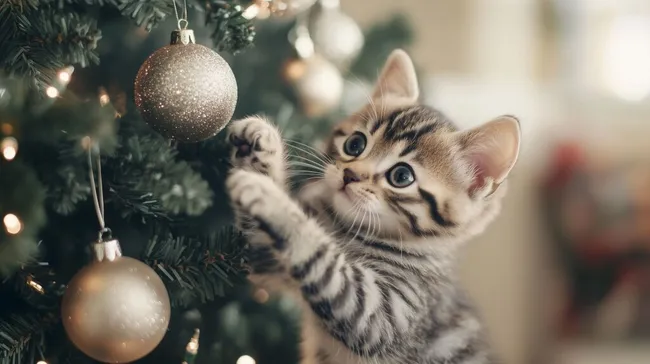 Verspieltes Kätzchen am Weihnachtsbaum