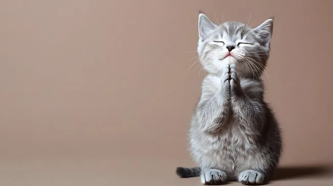 Verspieltes Kätzchen betet andächtig mit geschlossenen Augen