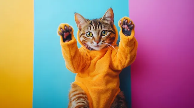 Verspieltes Kätzchen in orangem Kostüm vor buntem Hintergrund