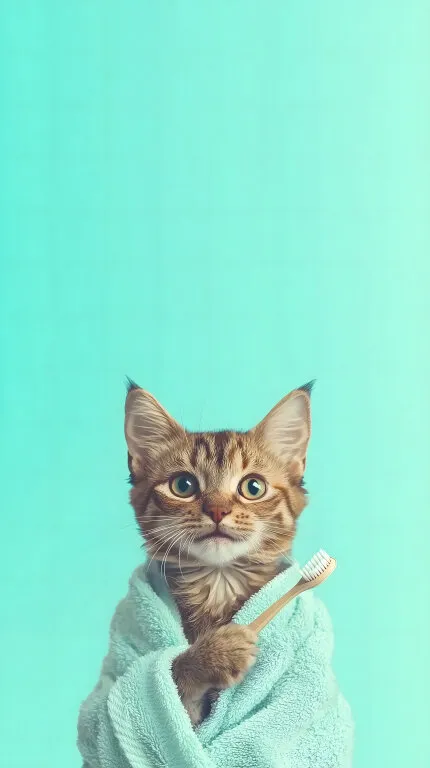 Verspieltes Kätzchen mit Zahnbürste in Handtuch