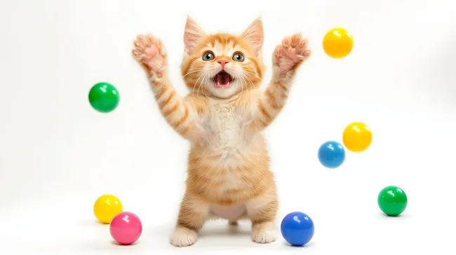 Verspieltes Kätzchen spielt mit bunten Bällen