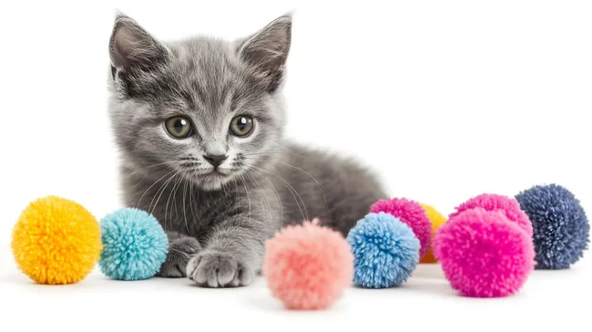 Verspieltes Kätzchen spielt mit bunten Pompons