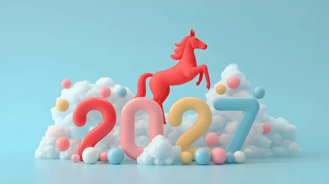 Verspieltes Neujahrs-Rendering mit rotem Cartoon-Pferd