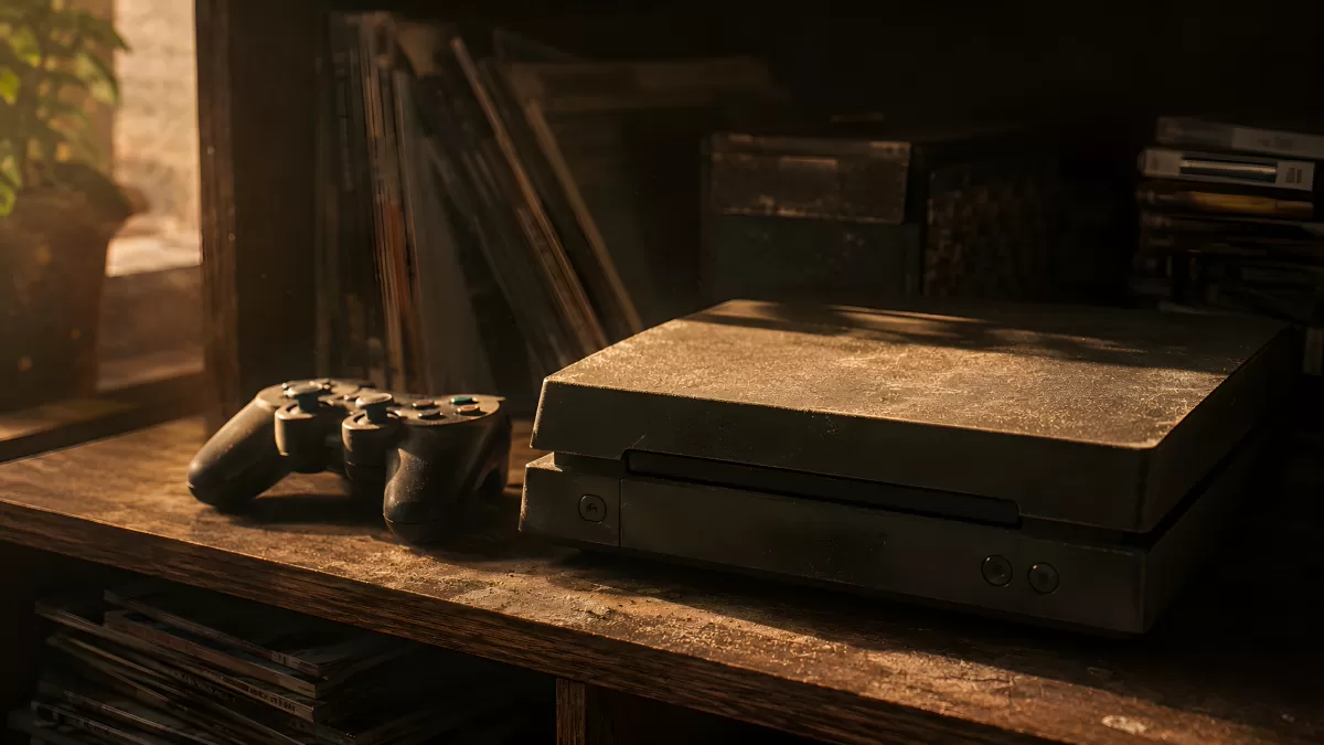 Verstaubte Spielkonsole mit Controller auf Holzregal