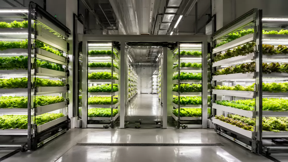 Vertikale Farm mit Salat in beleuchteten Regalreihen