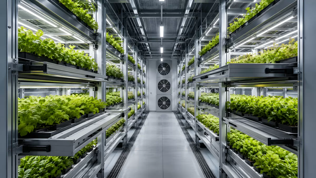 Vertikale Landwirtschaft mit Pflanzenregalen unter LED-Licht