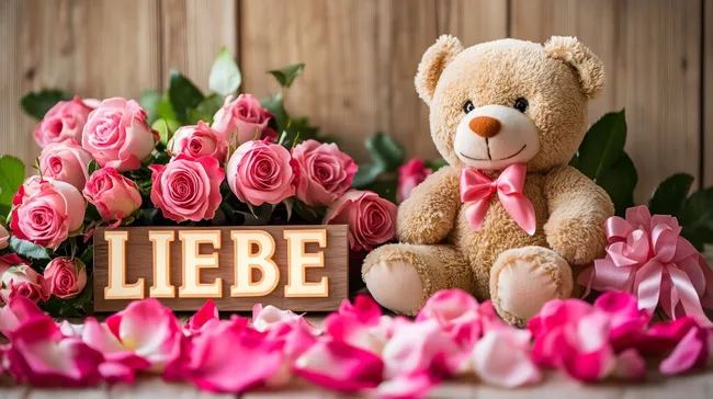 Verträumter Teddybär mit romantischen Rosen