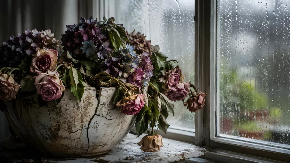 Verwelkte Rosen in alter Vase am Regenfenster