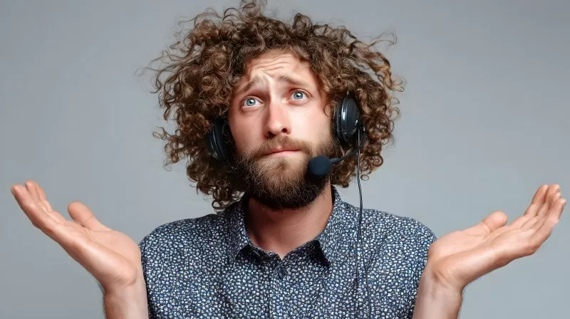 Verwirrter Callcenter Mann mit Locken und Headset