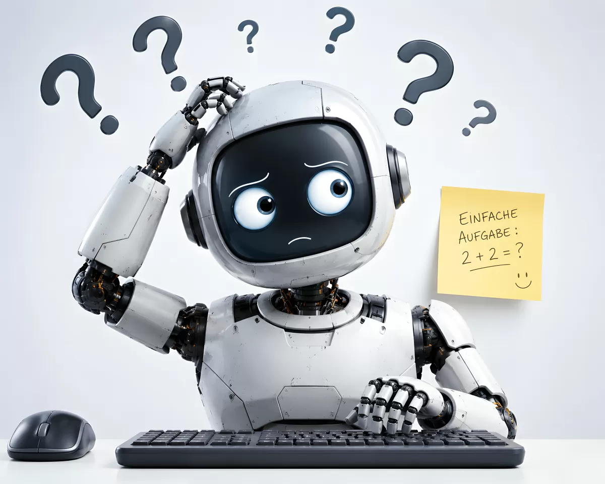 Verwirrter KI-Roboter grübelt über einfache Matheaufgabe