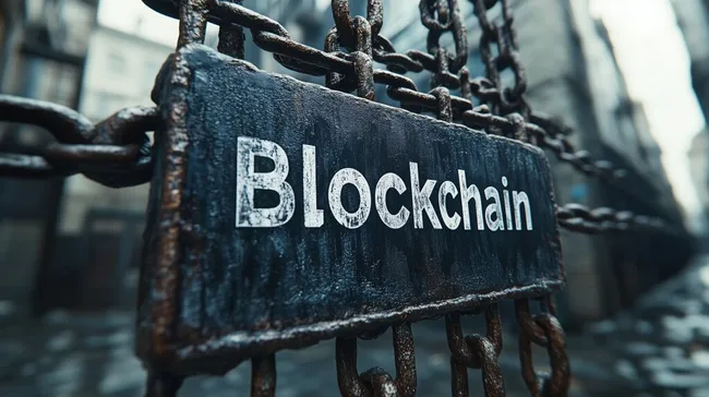 Verwitterter Blockchain-Schriftzug an rostiger Kette