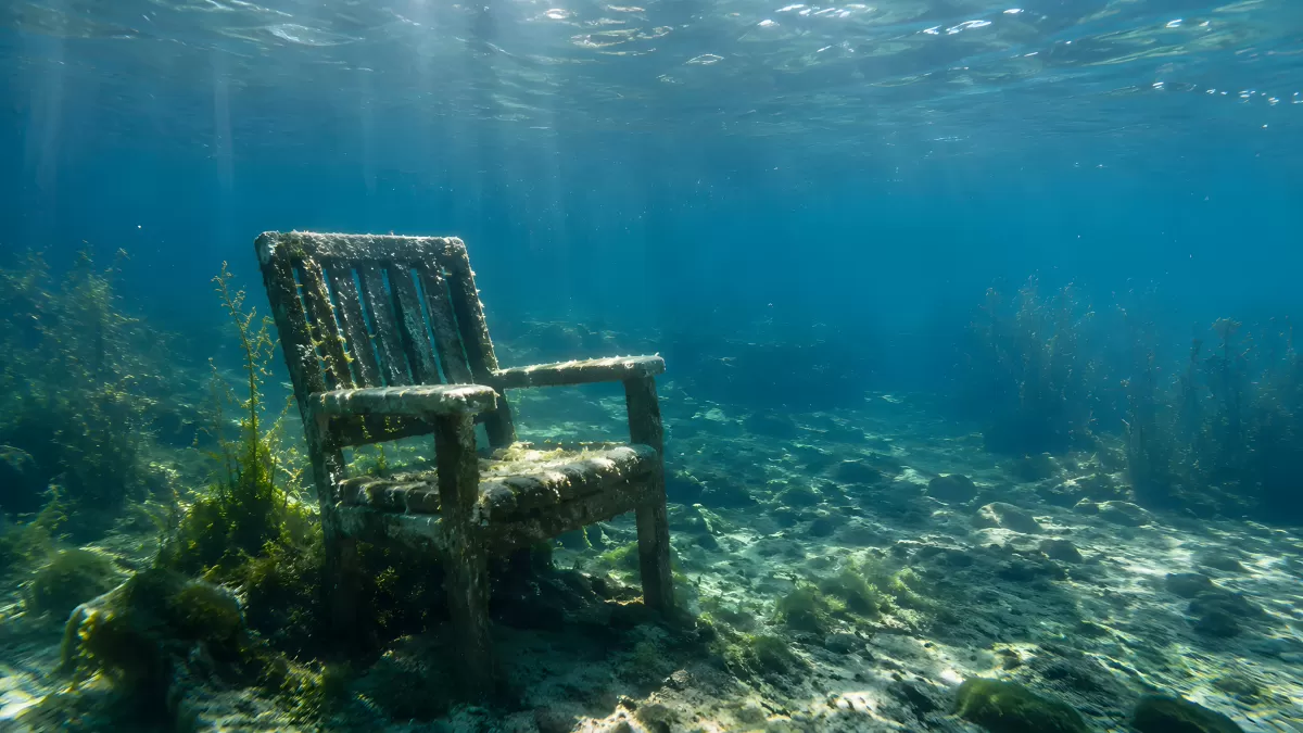 Verwitterter Stuhl auf dem Meeresgrund im Wasser