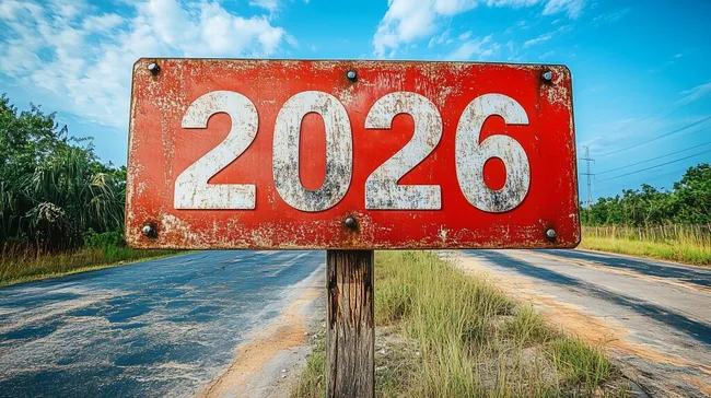 Verwittertes rotes Straßenschild mit Jahreszahl 2026