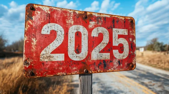 Verwittertes Straßenschild mit Jahreszahl 2025