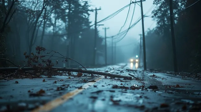 Verwüstete Landstraße nach Unwetter in dunkler Waldlandschaft