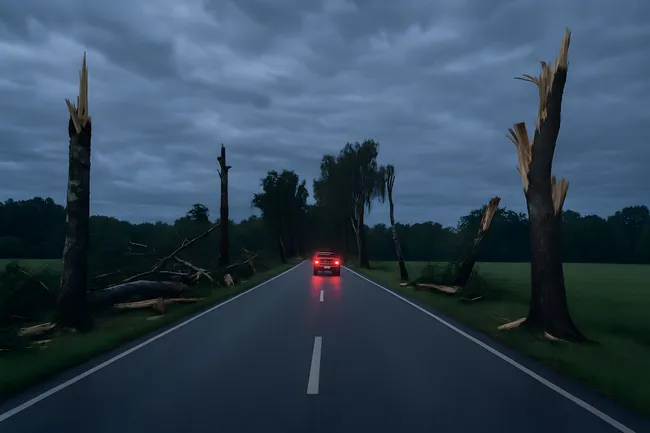 Verwüstete Straße nach Unwetter bei Dämmerung