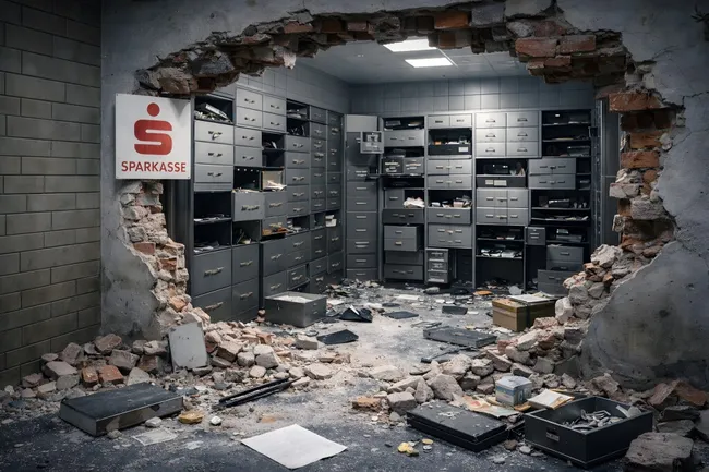Verwüsteter Tresorraum einer Sparkasse nach einem Einbruch