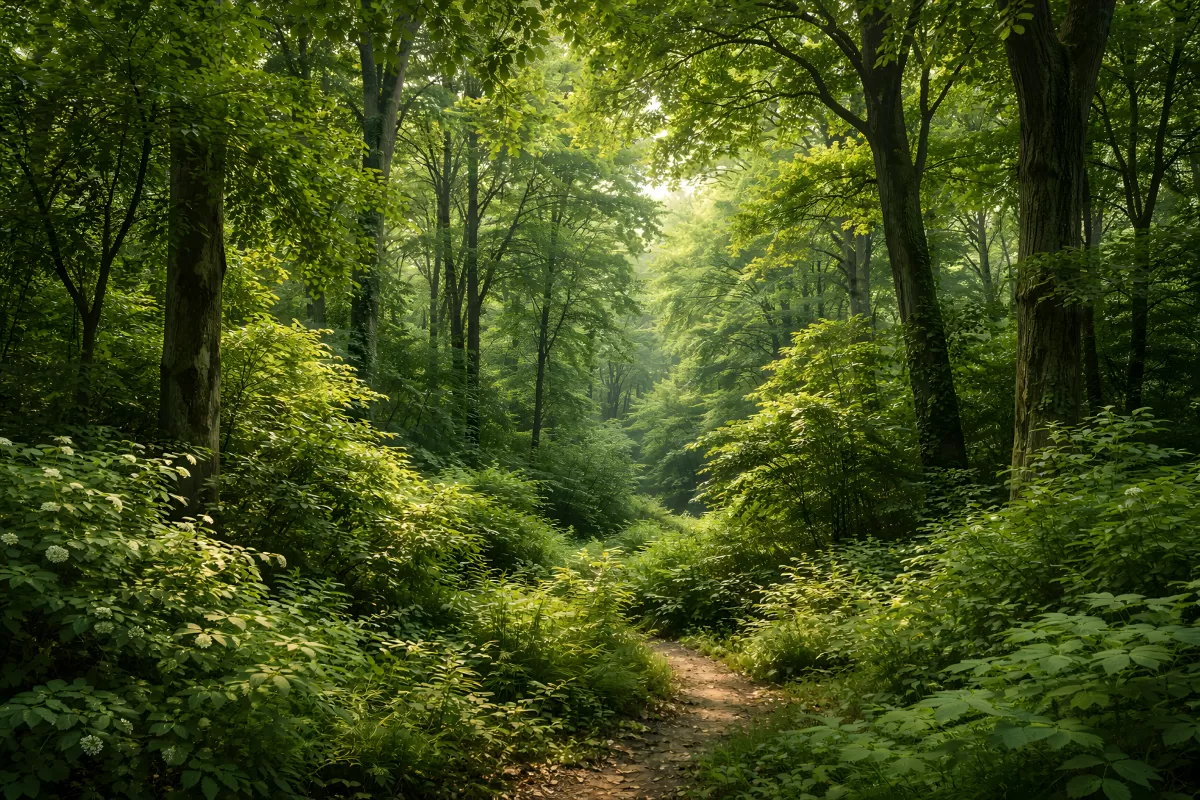 Verwunschener Waldpfad im sommerlichen Grün