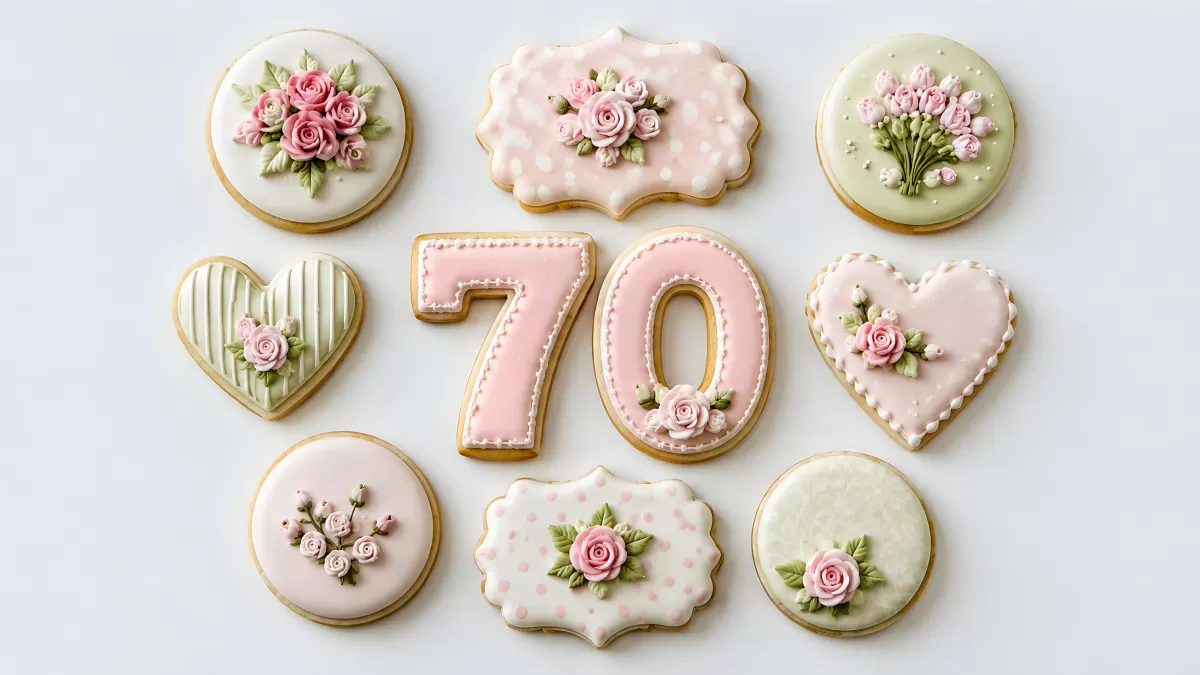 Verzierte Geburtstagskekse zum 70. Jubiläum mit Rosen