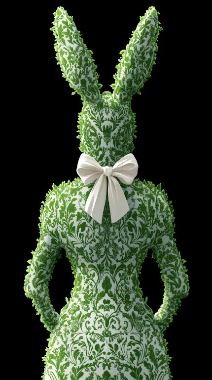 Verzierter Osterhase mit weißer Schleife vor schwarzem Hintergrund