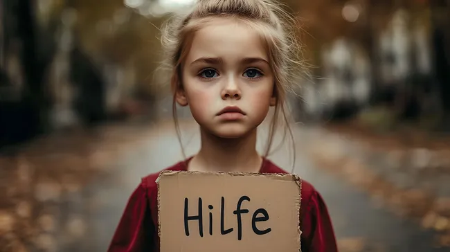 Verzweifeltes Mädchen mit Hilfe-Schild in Rot