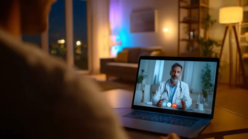 Videogespräch mit Arzt auf Laptop in gemütlicher Wohnung